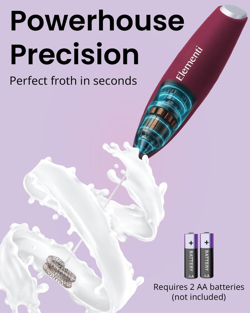 Elementi Milk Frother Wand - Easy to Use Handheld Electric Stirrer for Powder Drinks, Durable & Powerful Coffee Whisk & Protein Powder Mixer Wand, Hand Frother, Coffee Stirrers Electric (Burgundy) - Image 3